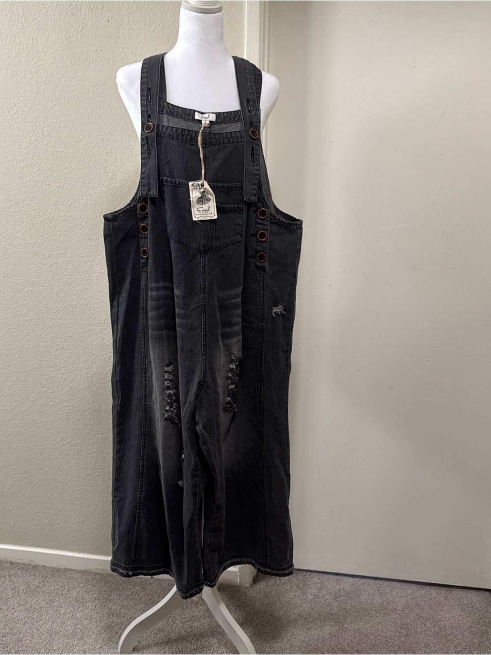 Easel Los Angeles Women’s S Distressed Denim Overalls Black Wide Leg Oversized